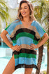 Striped Hollow Out Knit V Neck Tunic Cover Up